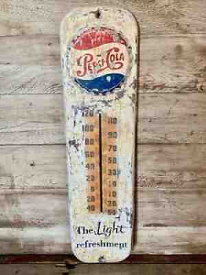 Vintage Original White Embossed Metal Pepsi Bottle Cap Thermometer Sign Soda Pop