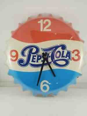 Vintage Rare Pepsi Cola Bottle Cap Clock Works Very Nice 18"x17".5