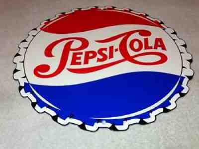 VINTAGE PEPSI COLA BOTTLE CAP FROM SODA BOTTLE 12" METAL POP COCA GAS & OIL SIGN