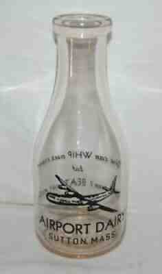 Vintage AIRPORT DAIRY Sutton Mass. Quart MILK BOTTLE With AIRPLANE
