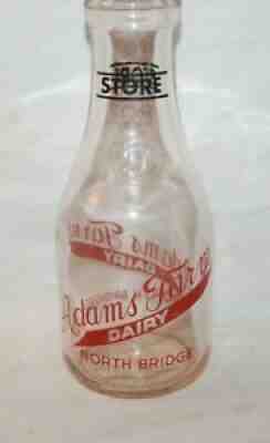Vintage ADAMS FARM DAIRY NORTH BRIDGE , Mass. Quart MILK BOTTLE Red