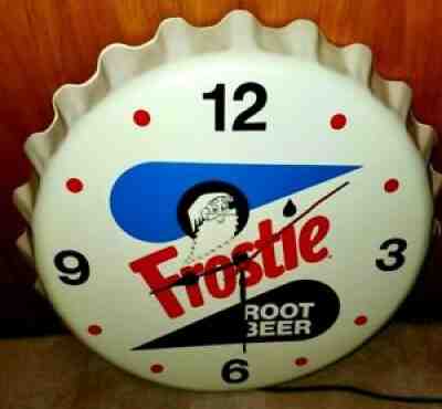 Vintage FROSTIE ROOT BEER Electric CLOCK SIGN Bottle Cap Soda Pop ELF Bar Drink