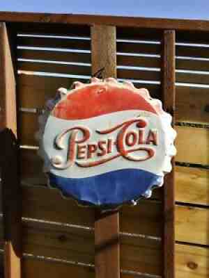 Vintage 1960s Pepsi Cola Soda Pop Bottle Cap Gas Station 19" Embossed Metal Sign