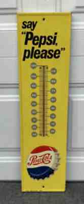 Vintage c.1960 Pepsi Cola Soda Pop Embossed Bottle Cap Metal Thermometer Sign