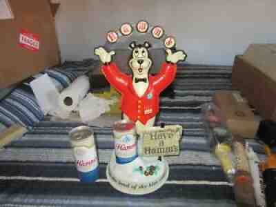 VTG HAMMS BEER SIGN BEAR JUGGLER BOTTLE CAPS OLD TAVERN BACK BAR W CAN STATUE