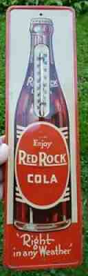 Vtg Red Rock Cola Graphic Tin Advertising Thermometer Sign Bottle Cap Corners