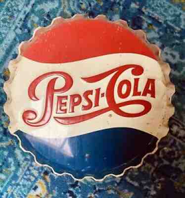 Vintage 1960s Pepsi Cola Soda Pop Bottle Cap Stout 19" Embossed Metal Sign M114