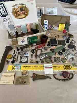 Vintage Menâ??s Junk Drawer Lot, Advertising, Pins, Cigar Box, Bottle Caps, Toys