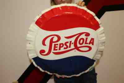 Vintage 1950's Pepsi Cola Soda Pop Bottle Cap 21" Embossed Metal Sign
