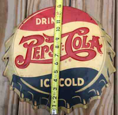 Vintage Antique Pepsi Soda Cola Tin Non Porcelain Bottle Cap Die Cut Sign Used