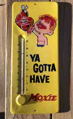 Vintage Antique Moxie Cola Boxer Tin Non Porcelain Bottle Cap Thermometer Sign