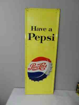 VINTAGE ADVERTISING SIGN- 1954 PEPSI-COLA EMBOSSED BOTTLE CAP SIGN- VERTICAL