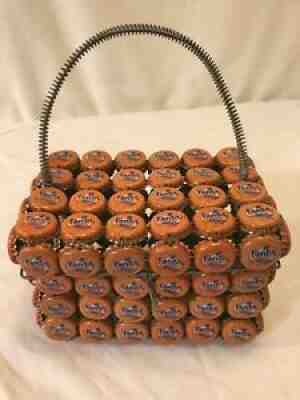Vintage Fanta Soda POP Bottle Cap Basket W Lid And Handle Folk Art Purse Tote