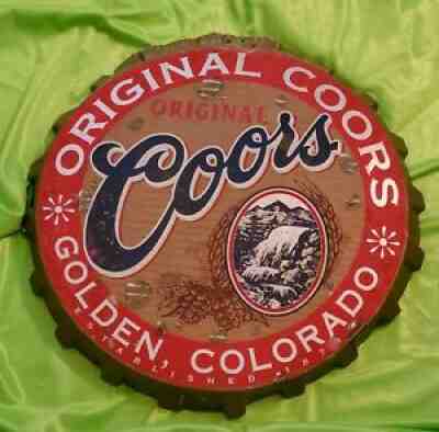 VINTAGE COORS BREWERY ORIGINAL 18"x 2" ALUMINUM COLLECTORS BOTTLE CAP SIGN RARE