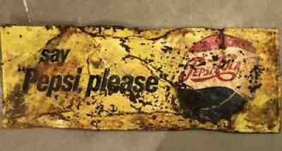 Vintage Pepsi Sign Metal Tin 1950â??s â??Say Pepsi Pleaseâ? Bottle Cap Made In USA!