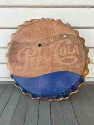 Vintage Pepsi Cola Bottle Cap Sign Stout Sign Co 19" diameter Rusted