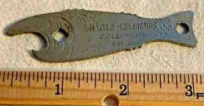 ANTIQUE FISH SHAPED GOLD TOP BEER BOTTLE CAP OPENER COLUMBUS OH VINTAGE BAR LID
