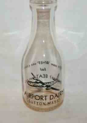 Vintage AIRPORT DAIRY Sutton Mass. Quart MILK BOTTLE With AIRPLANE