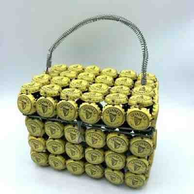 Vintage Guinness Beer Bottle Cap Basket W Lid And Handle Folk Art Purse Tote