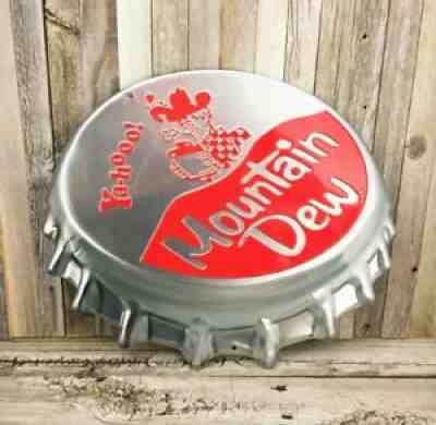 Mountain Dew Yahoo Soda Pop Bottle Cap 18" Embossed Metal Tin Sign Vintage New