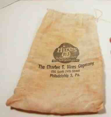 Vintage 1938 Hires R-J Root Beer Cloth Bag & Bottle Caps