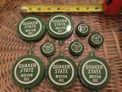 VINTAGE Lot x9 NOS QUAKER STATE OIL BOTTLE CAP DRUM LID GAS OIL SIGN station old