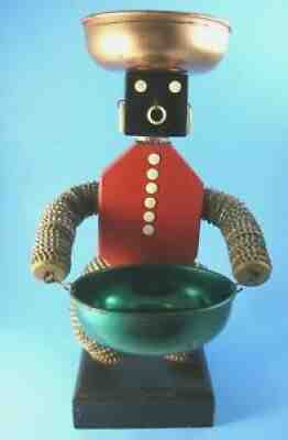 Vintage Folk Art Bottle Cap Man with 2 Aluminum Snack Bowls Red and Black