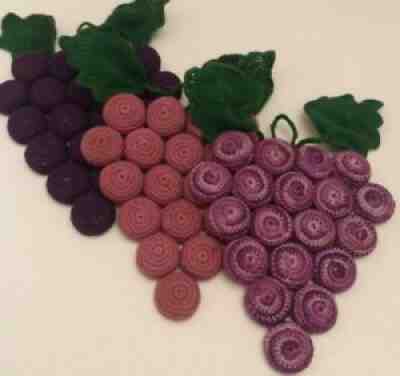 Lot of 3 Vintage Crocheted Bottle Cap Hot Pad Purple Grapes Green Leaves Hanger