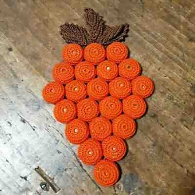 Vintage Crocheted Grape Bunch Trivet Hot Pad w/ Bottle Caps Orange Handmade