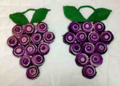 Two Vintage Hand Crocheted Trivets, Grapes With Leaves, Bottle Caps, Purple