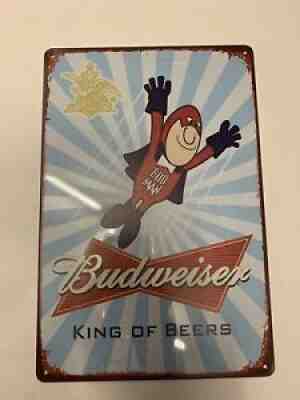 budweiser Bud Man Tin Sign Vintage Retro Stein Bottle Cap Can Kong Of Beers