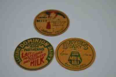 Milk Bottle Caps Vtg Lot of 3 Brown Betty Dominion Davie's Dairy Cardboard