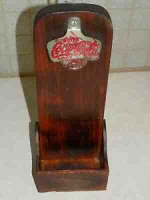 Vtg WaLL MounT Wood BOTTLE CAP CATCHER MeTaL Coca-CoLa opener Home BAR Pub BEER