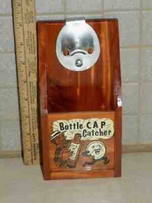 Vtg WaLL MounT BOTTLE CAP CATCHER Humorous Home BAR Pub BEER opener Wood & MeTaL
