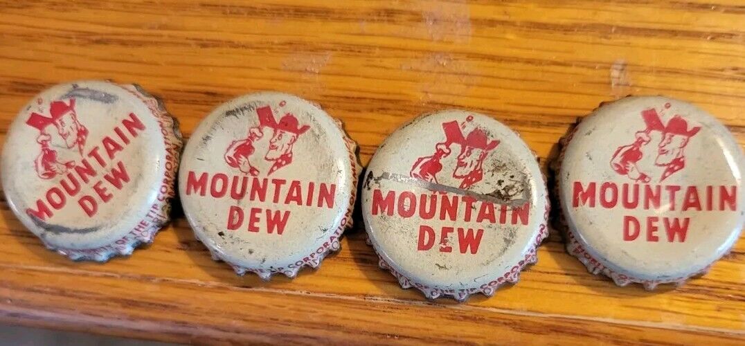 4 MOUNTAIN DEW HILLBILLY  BOTTLE CAPS CORK-LINED CROWN - BLOOMINGTON ILLINOIS