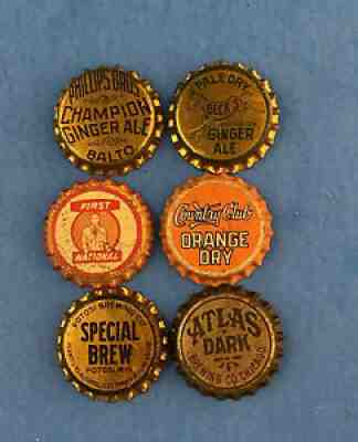 Six different bottle caps. Crown Cork.