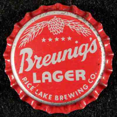 BREUNIG'S LAGER RED UNUSED CORK LINED BEER BOTTLE CAP RICE LAKE, WISCONSIN CROWN