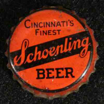 SCHOENLING â?¢RED & BLACKâ?¢ CORK BEER BOTTLE CAP CINCINNATI, OHIO CROWN VINTAGE OH+