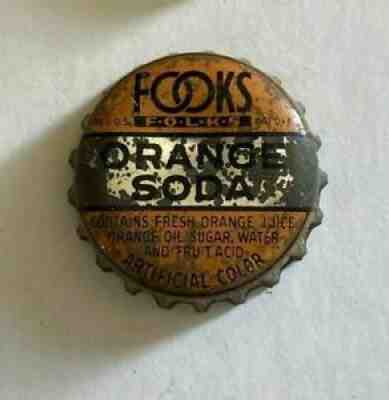 FOOKS SODA bottle cap crown can acl flat top cone label ORANGE litho fountain