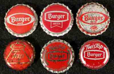6 BURGER BEER RED PLASTIC LINED BOTTLE CAP CINCINNATI, OHIO CROWNS VINTAGE AKRON