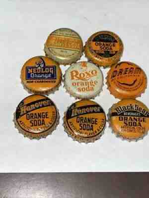 8 Vintage Orange Cork lined soda bottle caps