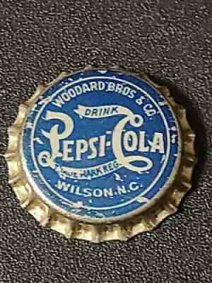 BLUE PEPSI-COLA WOODWARD BROS. CO. WILSON NC BOTTLE CAP 1912-17 UNUSED CORK