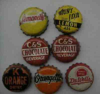 Vintage Lot of 7 Used Soda Pop Bottle Caps Cork Lined Orange Lemon Chocolate