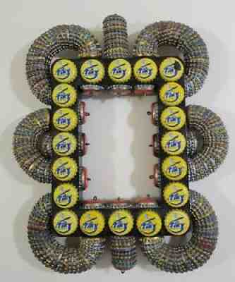 Tiky Soda and Mirinda Soda Bottle Cap Art Sculpture on Wood Frame