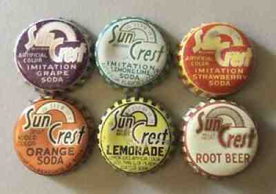 6 dif SUN CREST SODA POP CORK BACK BOTTLE CAP ROOT BEER LEMON LIME LEMONADE