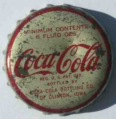 COCA-COLA SODA BOTTLE CAP; CLINTON, IOWA; 1950's; USED CORK