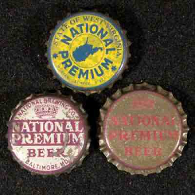 3 NATIONAL PREMIUM CORK BOTTLE CAP BALTIMORE, MARYLAND NATTY BOH BOHEMIAN WV TAX