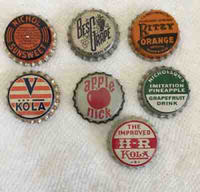 Vtg Lot Soda Bottle Caps Apple Nick - Ritzy Orange - V Kola - Nicholsons Cork
