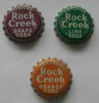 Rock Creek soda bottle caps from Washington, DC, Grape, Lime, and Orange flavors