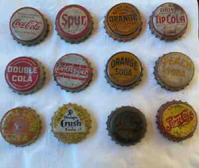 LOT OF 12 VINTAGE ANTIQUE BOTTLE CAPS POP SODA METAL ADVERTISING CORK Very RARE